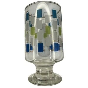 Libbey Nordic Glass MCM Footed Gold Blue Green Geometric Retro Barware 5.5"